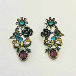 Floral Gold and Blue pendant Earrings
